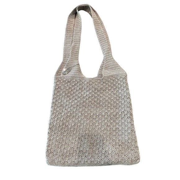 12.5” x 12.5" MERONA Tan Woven CROCHET 2 Handles SNAP CLOSE Lined BAG - Picture 2 of 8